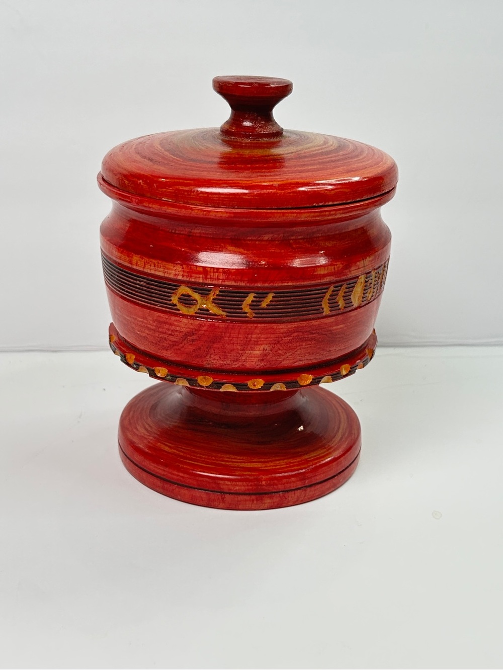 Vintage Hand Painted Red Wood Lidded Pedestal Bowl Trinket Box Boho Decor